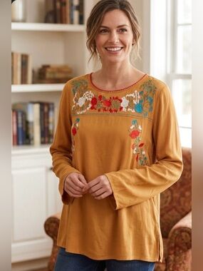 Jodifl Camel Embroidered Floral Tunic with Red & Blue Accents PTP 19’
